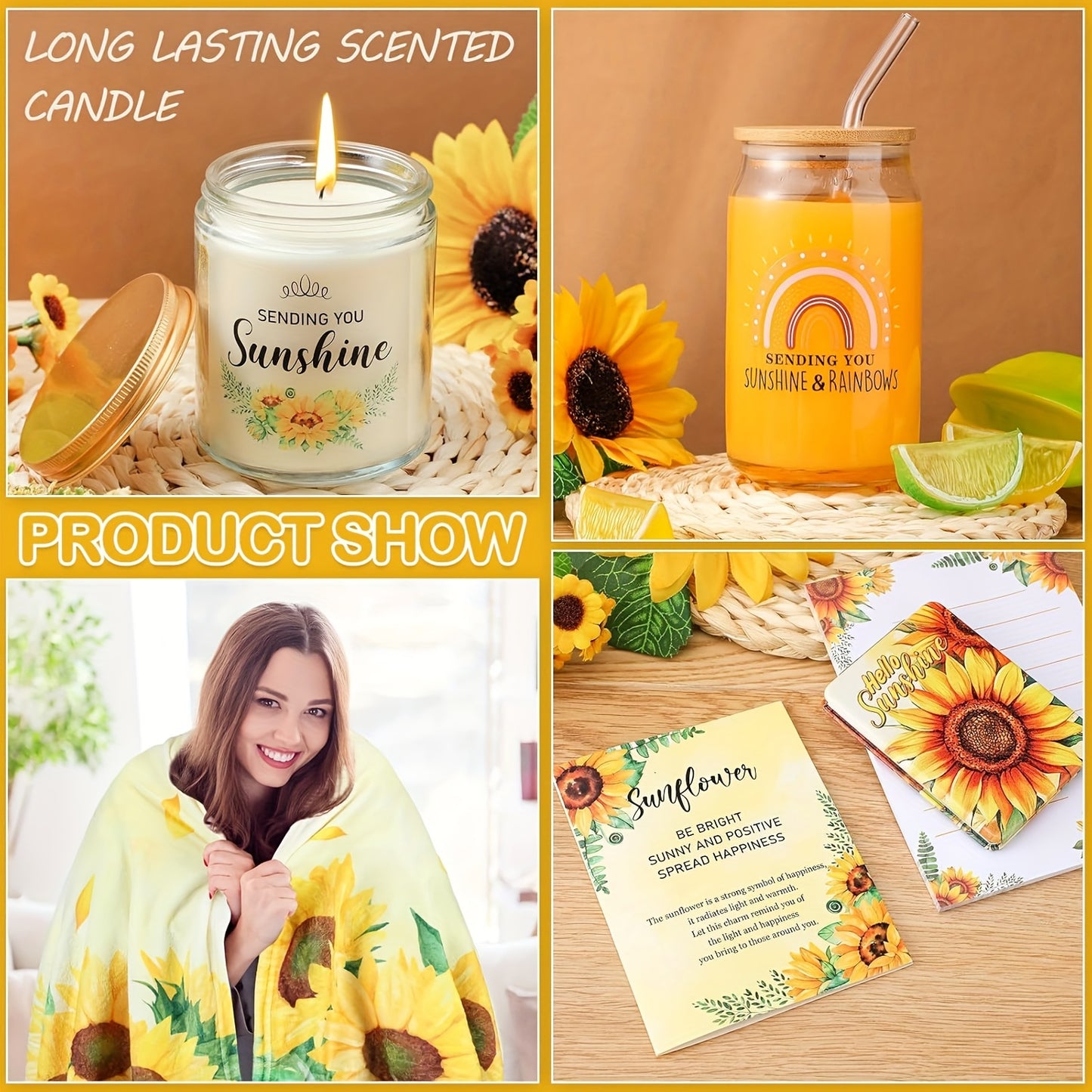 [Sunflower Gift] 13pcs Sunflower Gift Set | Mother's Day Gifts For Women, Get Well Soon Self Care Package With Glass Blanket Thinking Of You Birthday Holiday For Mom Wife Teacher Sister
