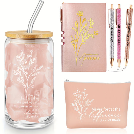 6pcs Employee Appreciation Gift Set for Women Thank You Gift May You Be Proud 17oz Aesthetic Glass Tumbler Makeup Bag Journal Ballpoint for Teacher Nurse Lady Business