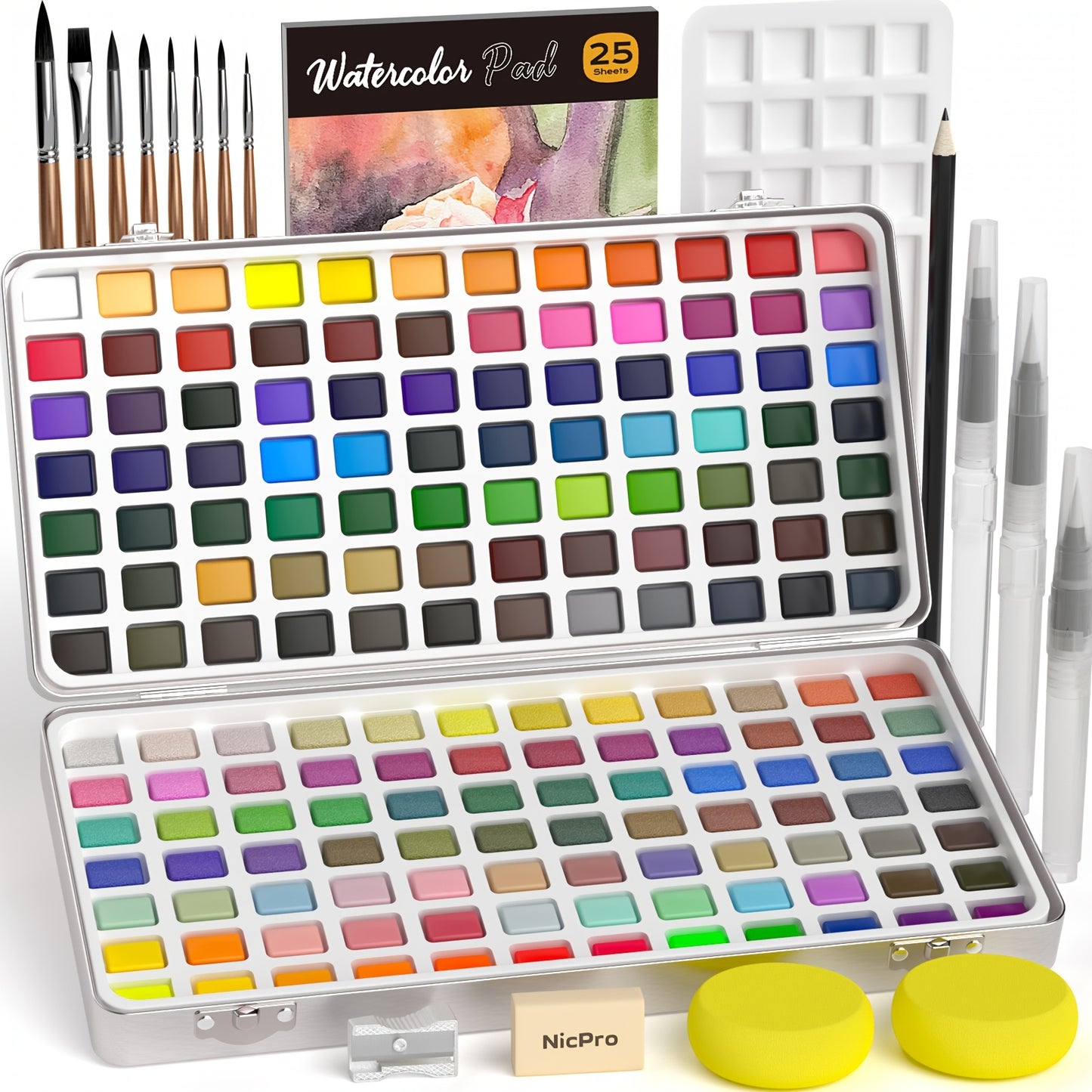 Nicpro 100 Colors Watercolor Paint Set Include Metallic Macaron & Fluorescent, 8 Synthetic Squirrel Painting Brushes, 25 Water Color Paper, Palette, Art Supplies Kit