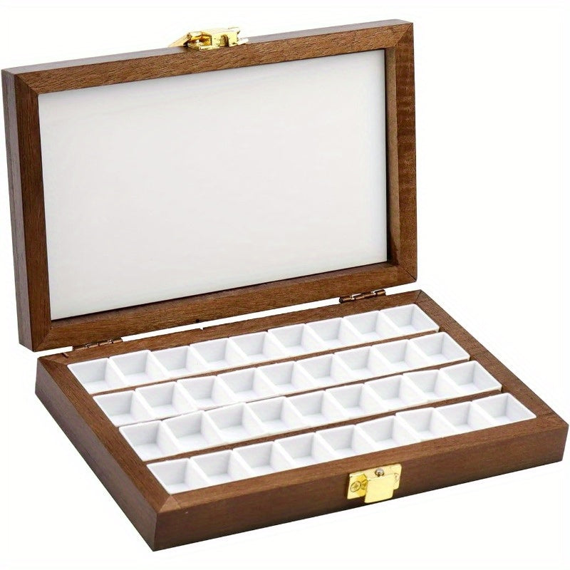 36-Well Wooden Watercolor Paint Palette Box - Portable, Durable Dark Walnut with Golden Accents, 4" x 6" - Ideal for Artists & Hobbyists