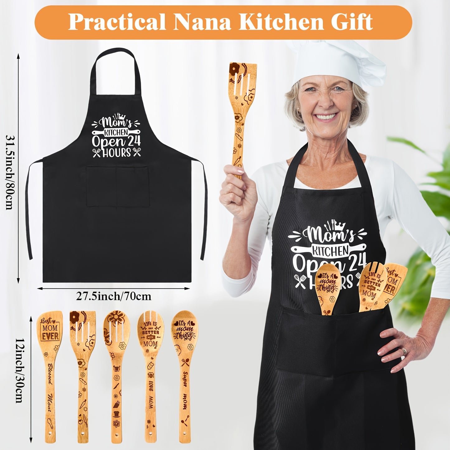 7pcs Gifts For Grandma Mom NANA, Christmas Gifts Birthday Gift Wooden Adjustment Cookbook Stand Cooking Utensils Set Kitchen Apron For Birthday Christmas Thanksgiving Winter Gift (Mom)