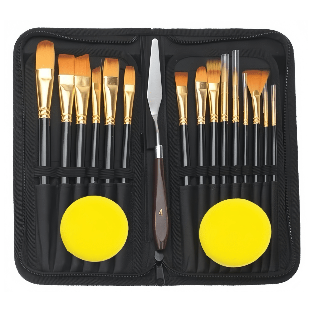 [15 Brushes, Knife, Sponges Included] 18pcs/set Artist Paint Brush Set Includes Pop-up Carrying Case with 15pcs Painting Brushes, 1pc Painting Knife and 2pcs Sponges for Acrylic, Oil, Watercolor.