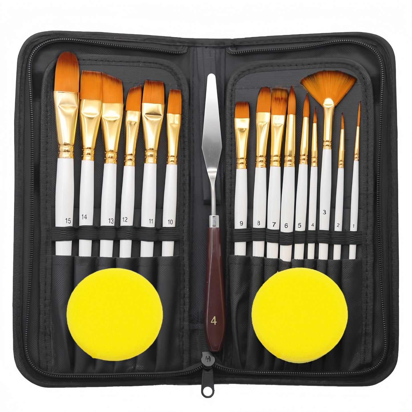 [15 Brushes, Knife, Sponges Included] 18pcs/set Artist Paint Brush Set Includes Pop-up Carrying Case with 15pcs Painting Brushes, 1pc Painting Knife and 2pcs Sponges for Acrylic, Oil, Watercolor.