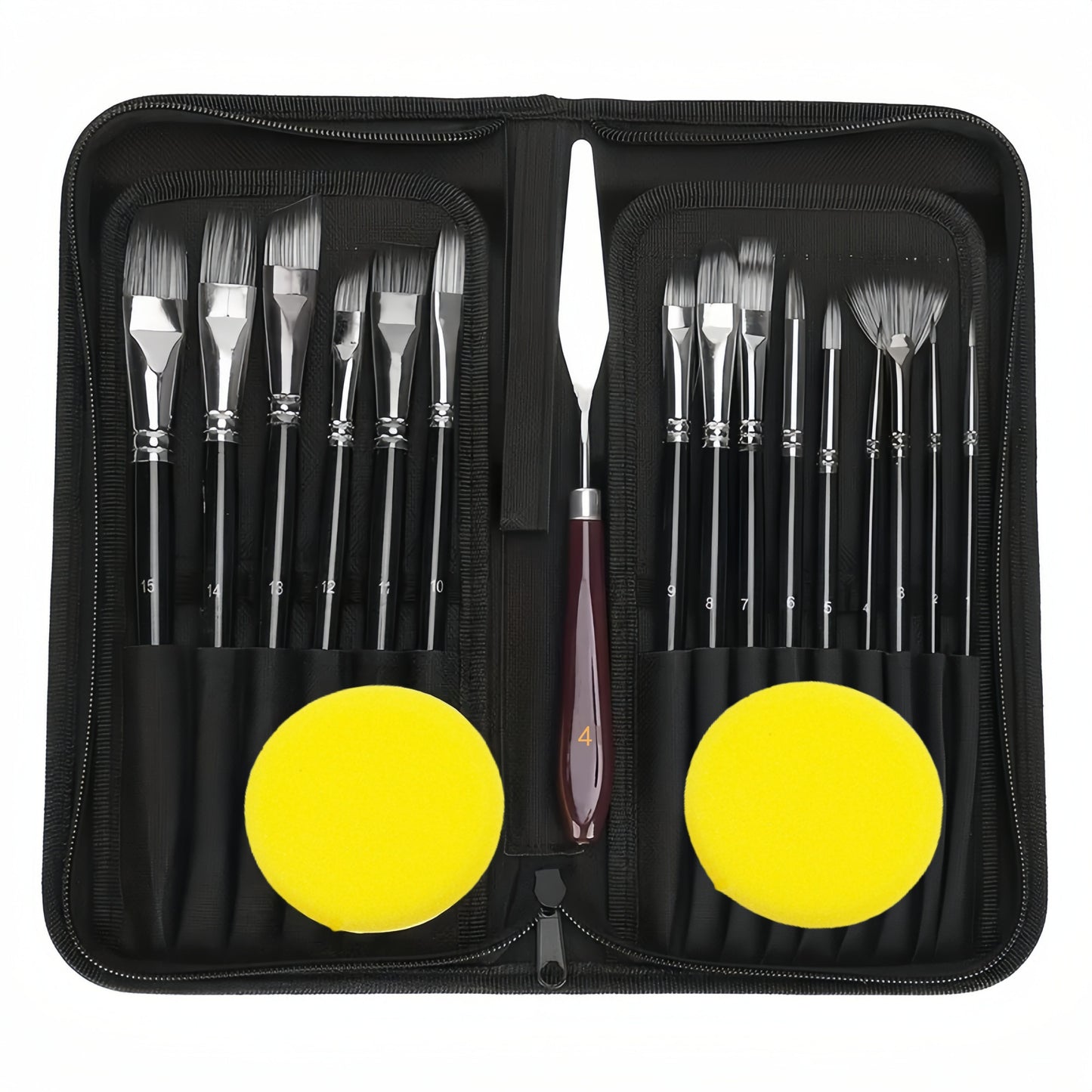 [15 Brushes, Knife, Sponges Included] 18pcs/set Artist Paint Brush Set Includes Pop-up Carrying Case with 15pcs Painting Brushes, 1pc Painting Knife and 2pcs Sponges for Acrylic, Oil, Watercolor.