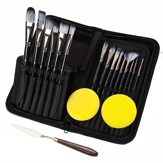 [15 Brushes, Knife, Sponges Included] 18pcs/set Artist Paint Brush Set Includes Pop-up Carrying Case with 15pcs Painting Brushes, 1pc Painting Knife and 2pcs Sponges for Acrylic, Oil, Watercolor.
