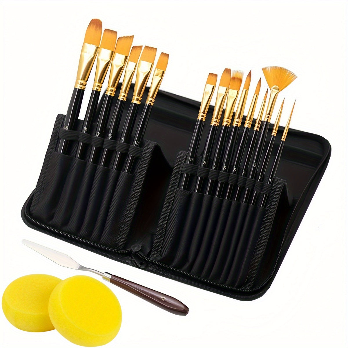 [15 Brushes, Knife, Sponges Included] 18pcs/set Artist Paint Brush Set Includes Pop-up Carrying Case with 15pcs Painting Brushes, 1pc Painting Knife and 2pcs Sponges for Acrylic, Oil, Watercolor.