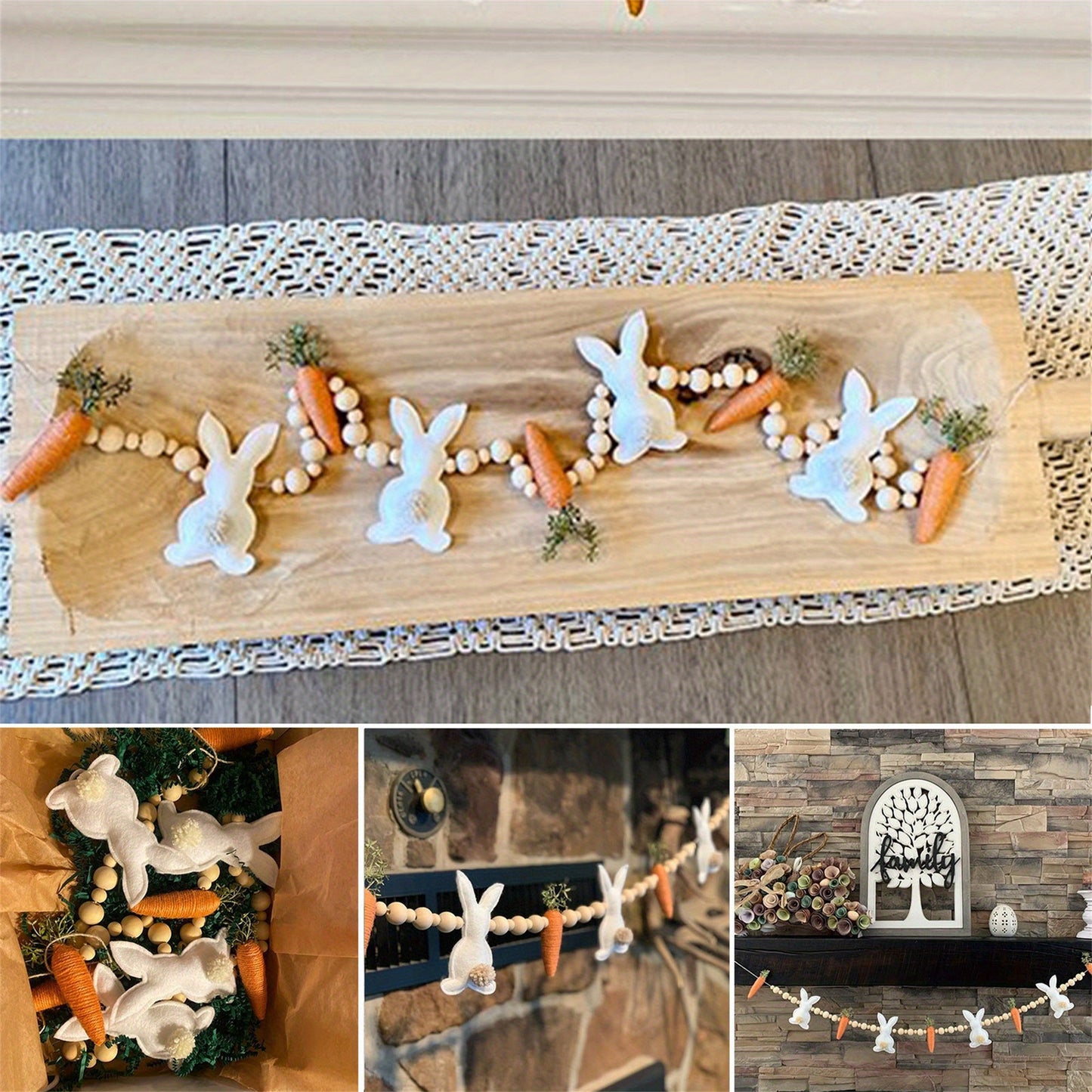 Easter Bunny & Carrot Garland with Wooden Beads – Festive Spring Home Decor, White Rabbit & Carrot Ornaments, No Power Needed, Plastic Material