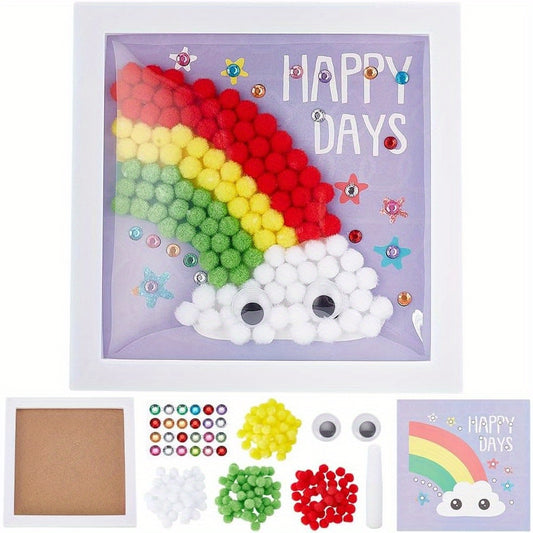 1 set Painting Art Kit Rainbow Painting Sticky Wall Art includes Colorful Pompom Puff Ball Painting Board Tweezers and Glue with Instruction for Holiday Gift DIY