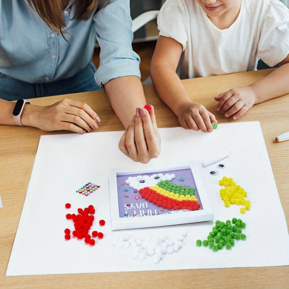 1 set Painting Art Kit Rainbow Painting Sticky Wall Art includes Colorful Pompom Puff Ball Painting Board Tweezers and Glue with Instruction for Holiday Gift DIY