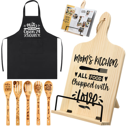 7pcs Gifts For Grandma Mom NANA, Christmas Gifts Birthday Gift Wooden Adjustment Cookbook Stand Cooking Utensils Set Kitchen Apron For Birthday Christmas Thanksgiving Winter Gift (Mom)