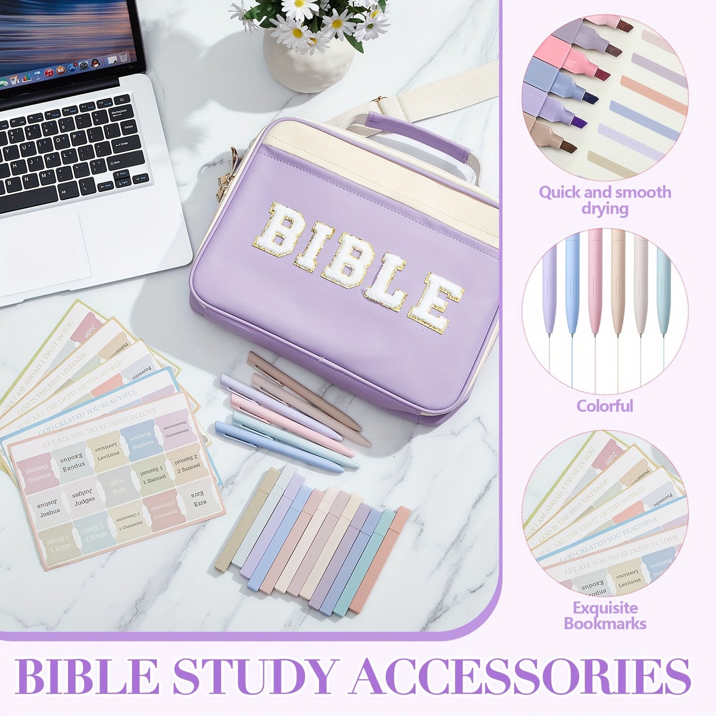1 Set Of Women'S Bibles, Christian Easter Church Gift, Large PU Leather Chenille Bible Bag, With Shoulder Straps, Labels, 6 Colored Gel Pens And 12 Fluorescent Pens, 12 X 9 X 2.5 (purple)