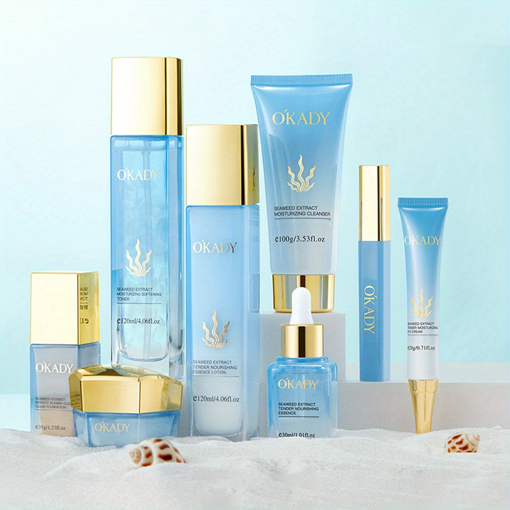 OKADY Sea Essence Hydrating 8pcs Set, Facial Care Set, Chlorella, Sea Fennel Ingredients - Elastic And Bright, Soft, Contains Cleanser, Toner, Serum, Eye Cream, Serum, Cream, Foundation, Lip Glaze, Gift for Ladies, New Year G