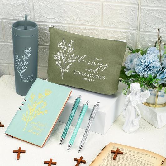 6pcs Christian Gift for Women Includes Bible Religious Notebook And Pens Set Be Still And Know Tumbler Be Strong And Courageous Makeup Bag Scripture Faith Gift for Women
