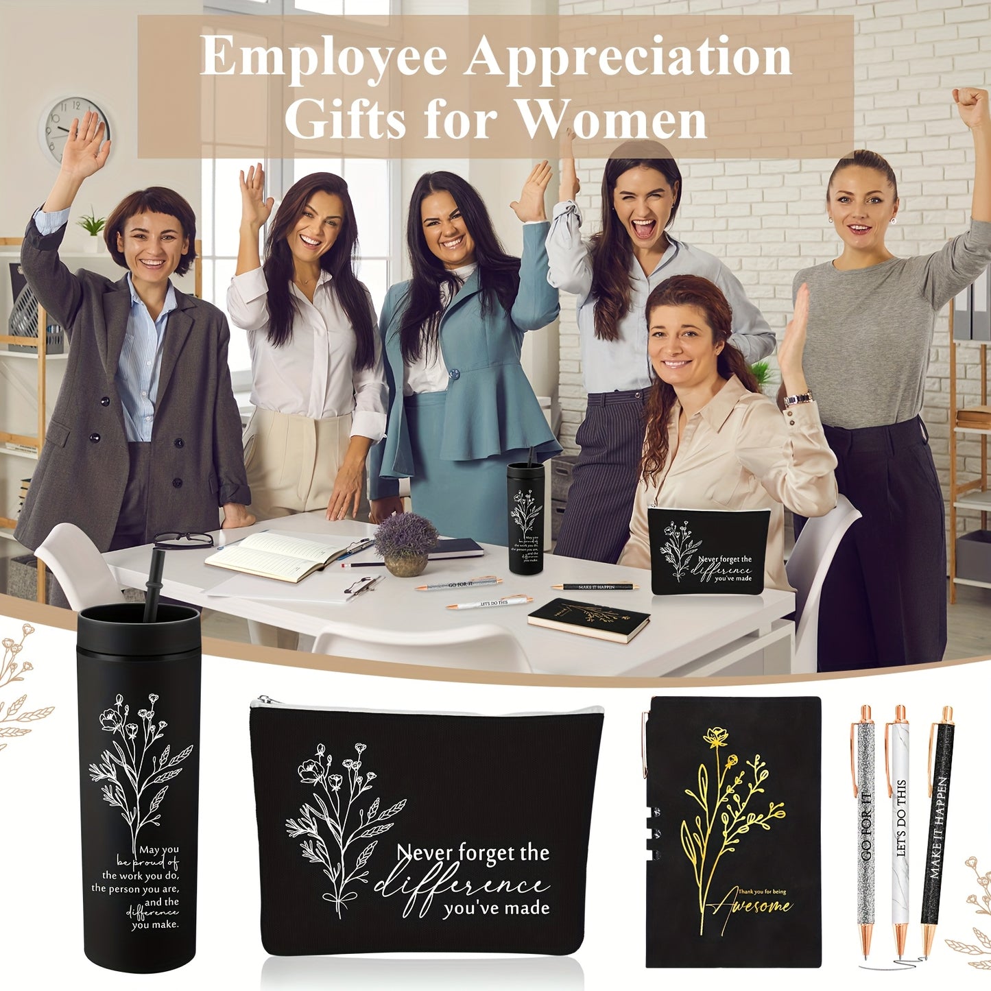 6pcs Appreciation Gift Set for Lady Women Coworkers Thank You May You Be Proud Gift for Employees 16oz Plastic Tumbler Makeup Bag Journal Pens Set Valentines Day Office Present