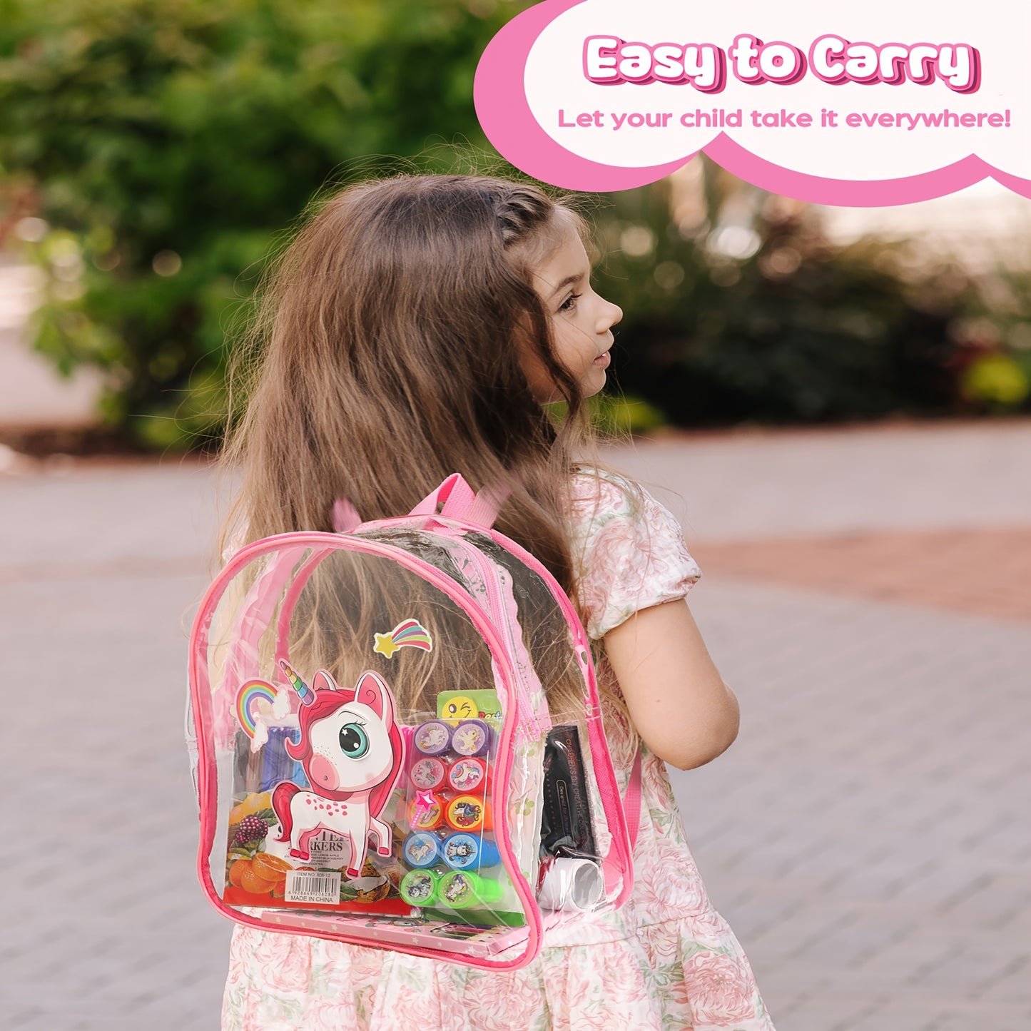 D-FantiX Art Supplies Clear Backpack for kids, 51pcs DIY Coloring Craft Kits with Scratch Art Paper and Stickers, Road Trip Activities for Youngsters, Creative Birthday Gift for Girls