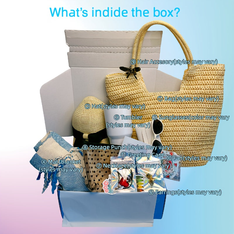 10pcs Tropical Beach Women's Gift Basket, Includes Insulated Cup, Cozy Blanket, Straw Hat, Fashion Fashion Glasses More, Perfect for Beach Days, Birthdays, Easter, Or Get Well Wishes, Ideal for Girlfriend, Mom, Best Friends