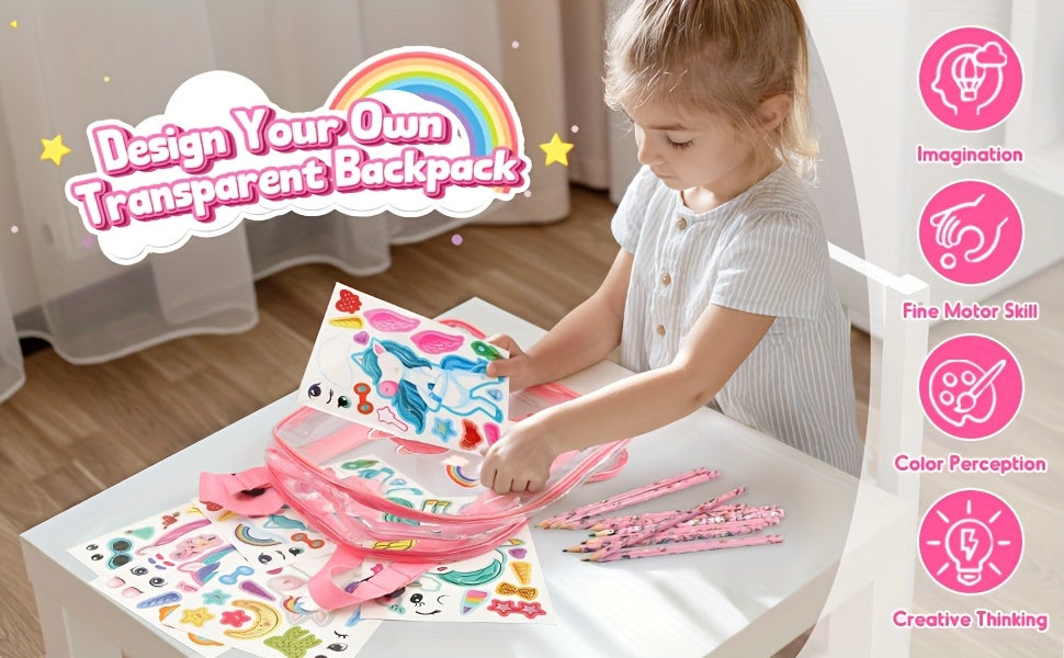 D-FantiX Art Supplies Clear Backpack for kids, 51pcs DIY Coloring Craft Kits with Scratch Art Paper and Stickers, Road Trip Activities for Youngsters, Creative Birthday Gift for Girls