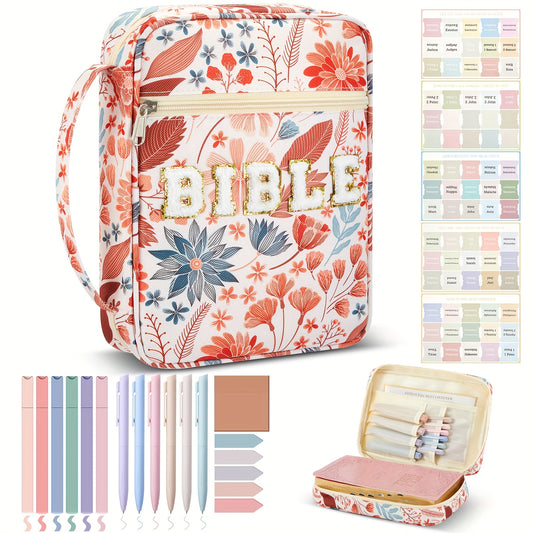 20pcs Bible Journaling Kit Include Letter Bible Cover for Women 6 Highlighters 6 Colored Gel Pen No Bleed Sticky Tabs, Case Tote Bag with Handle for Study Supplies Gifts (Boho Plants)