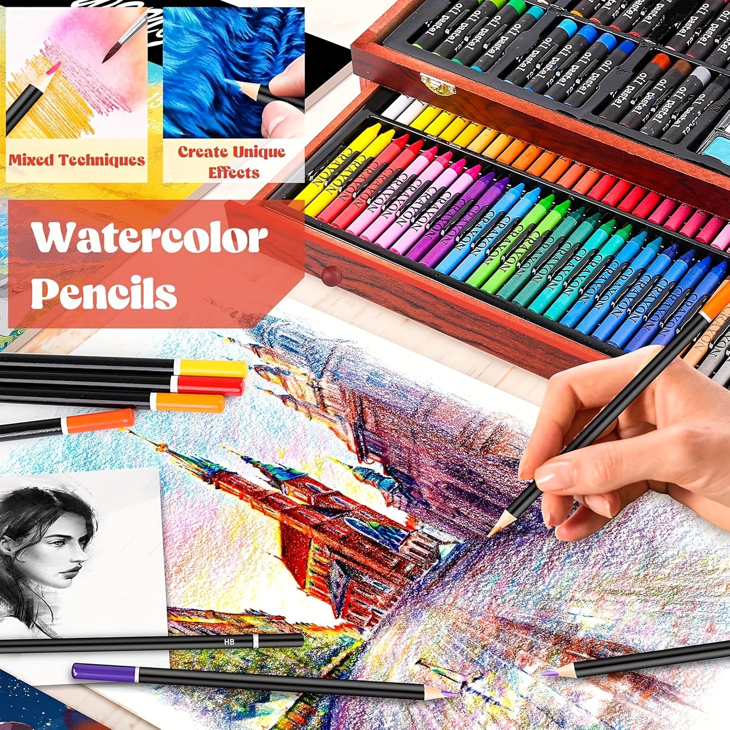 145pcs Of Luxurious Art Sets, Including Wooden Boxes And Painting Tool Kits. Each Set Contains Crayons, Oil Pastels, Colored Pencils, Watercolor Paints, Sketching Pencils, Paintbrushes, Pencil Sharpeners, Erasers, And Color C
