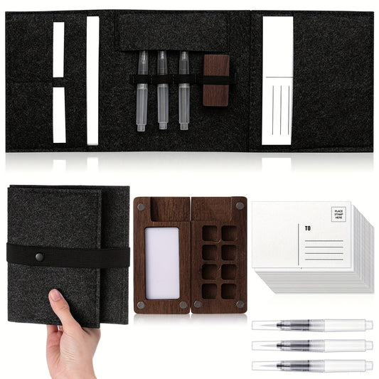 Travel Watercolor Paint Set Include 30 Blank Postcards, 3 Sizes Watercolor Pens, 4 Clips, Palette, Folding Felt Bag, Portable Watercolor Kit for Adults, Beginners, Artists And Art Lovers