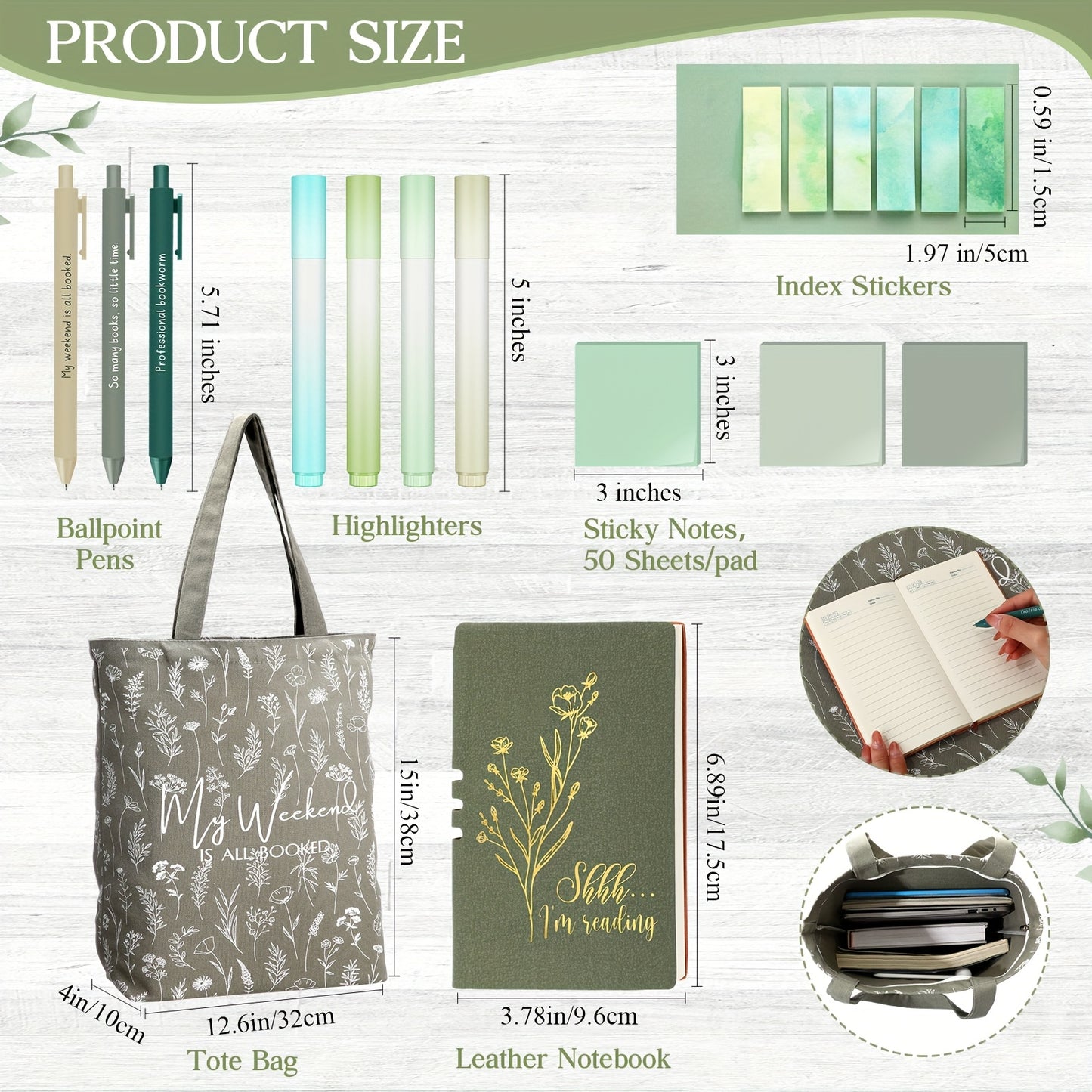 14pcs Book Lovers Gift Set 16oz Green Plastic Tumbler Canva Bag A6 Journal Notebook Ballpoint Pens Sticky Notes Highlighters for Librarian Bookworm Readers Nurse Study