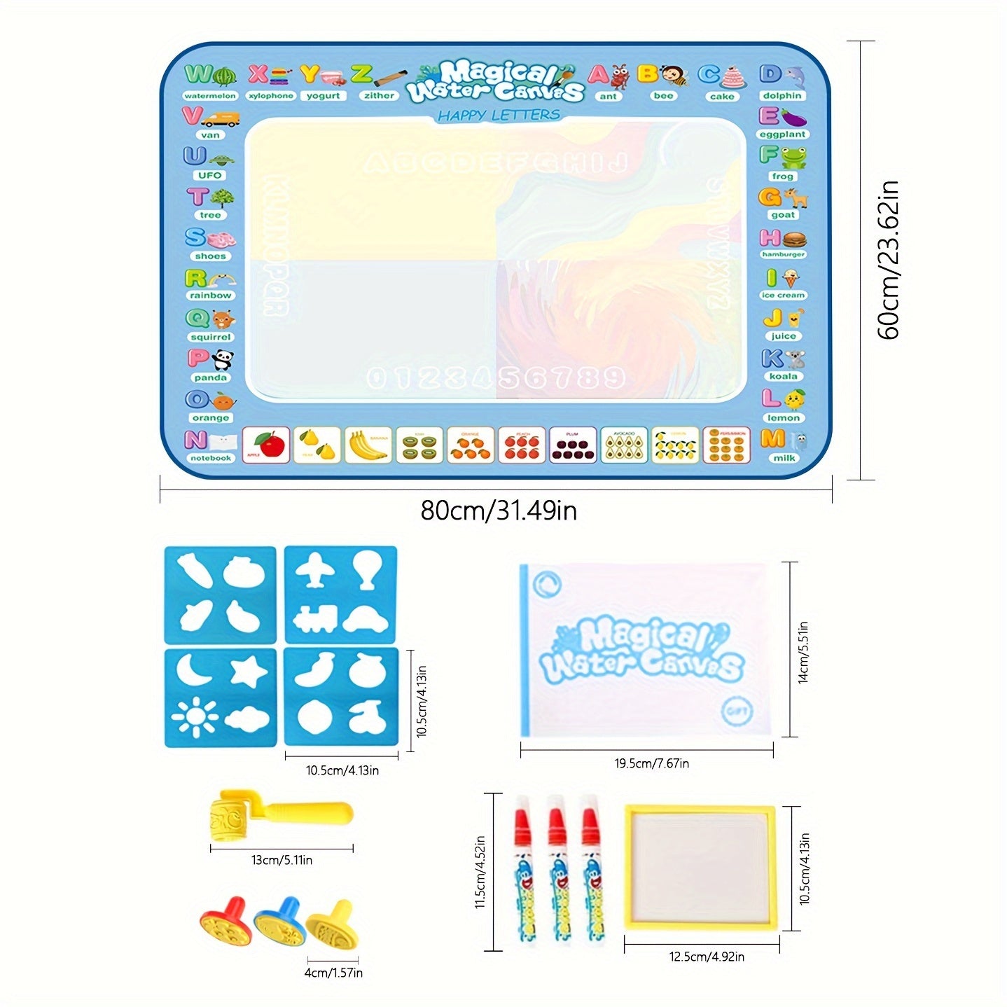 Children's Water Drawing Mat Set - Mess-Free, Safe, Reusable Drawing Board with 3 Pens, Stamps, Roller, Shape Templates - Perfect Gift for Kids, Portable Fun for Travel