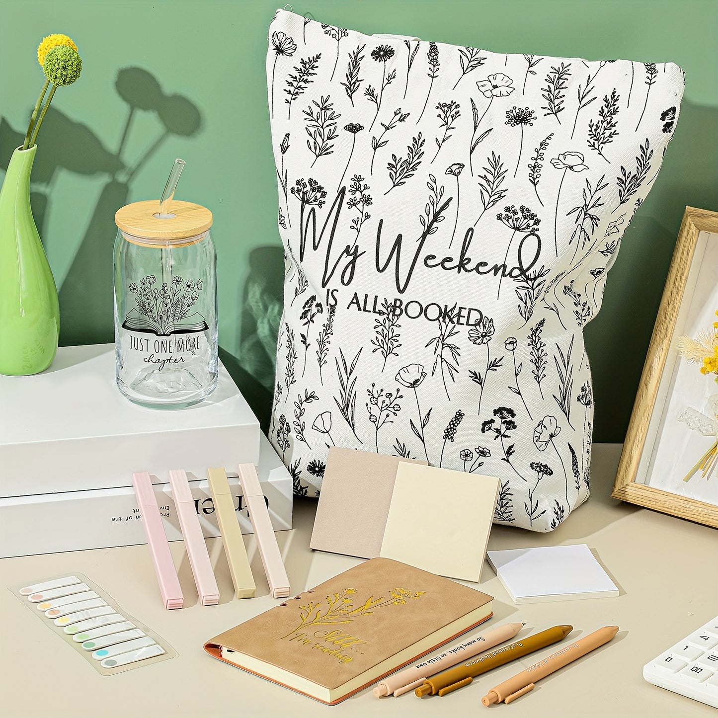 Book Lovers Gifts 16 Oz Glass Cup Canvas Bag A6 Journal Notebook Ballpoint Pens Sticky Notes Highlighters School Library Lovers Month Gifts For Librarians (Khaki, White Flowers)