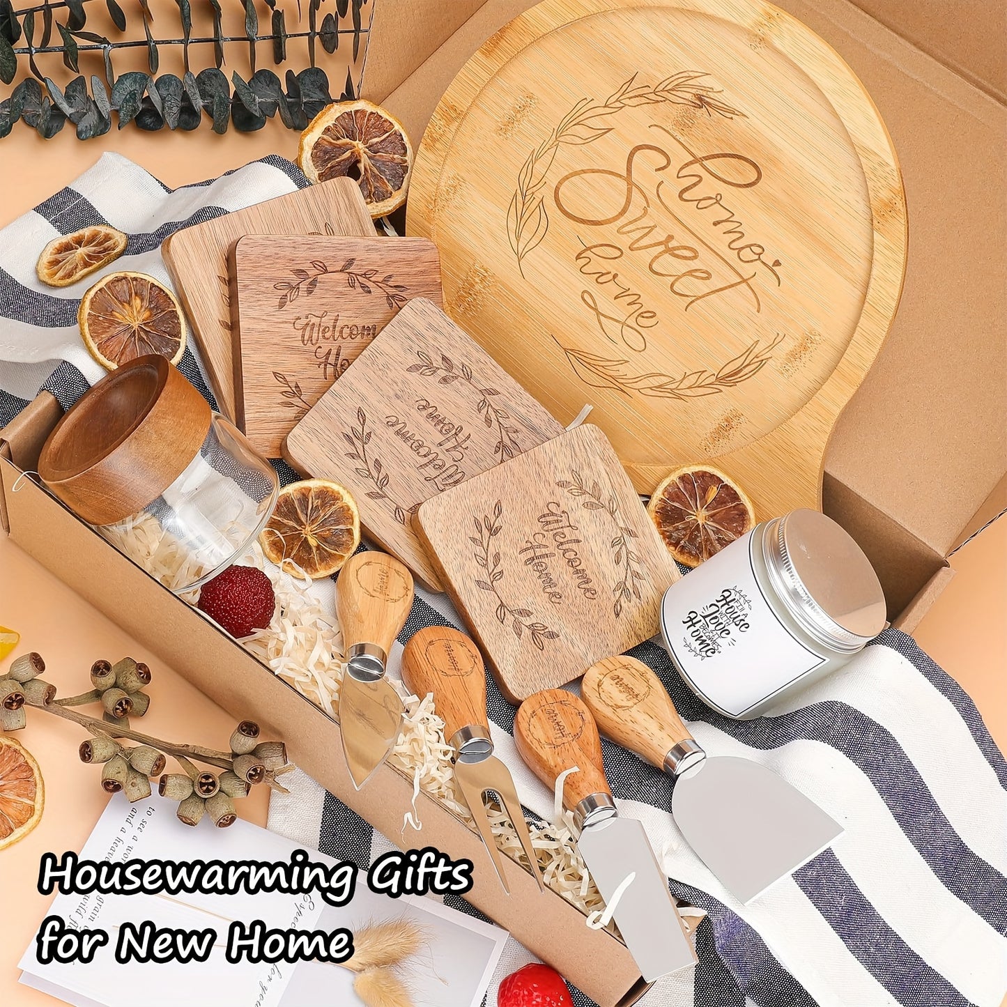 House Warming Gifts New Home, Housewarming Gifts for New House, Housewarming Gift Baskets for Couple, New Home Gifts for Home, Home Sweet Home Bamboo Serving Board Coasters for New Home Couple Women Men