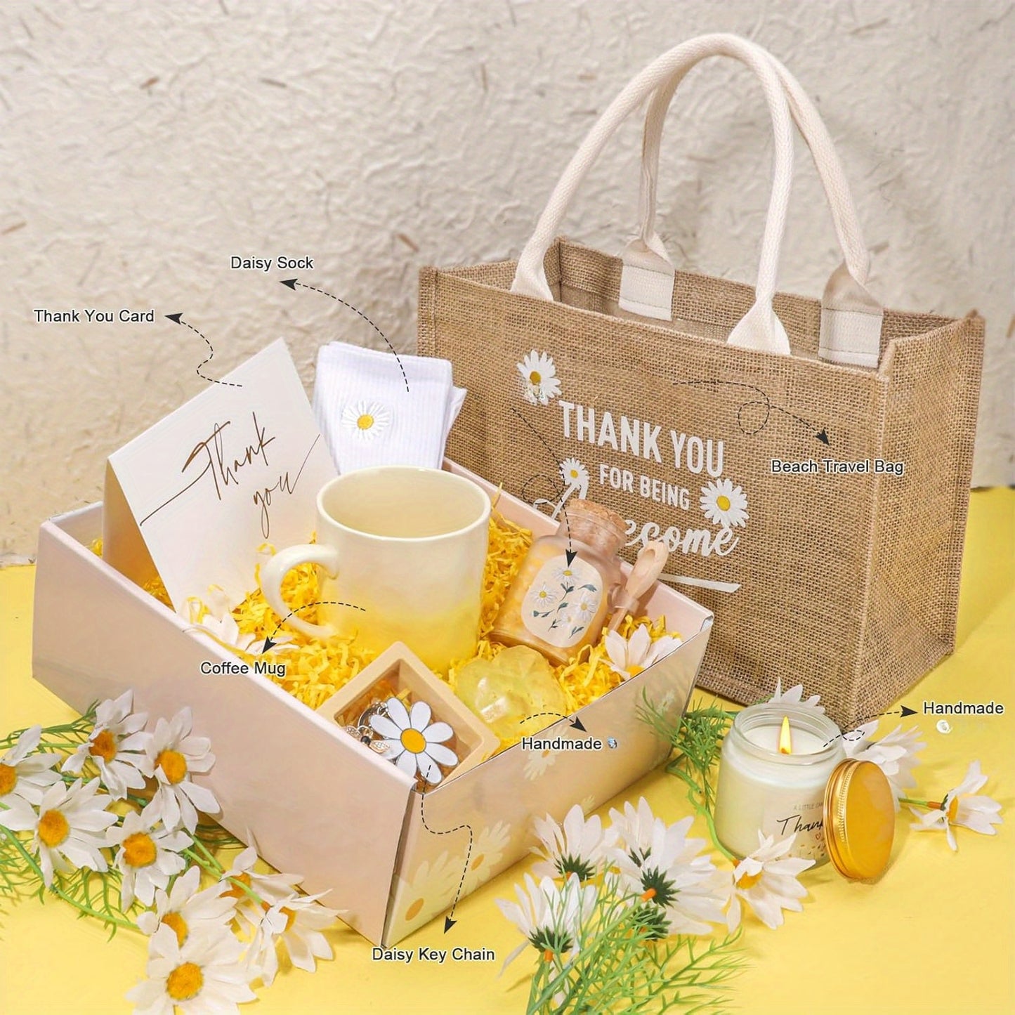 Daisy Appreciation Gift Basket for Women – Thank You Gifts for Mom, Nurse, Teacher, Coworker – Includes Burlap Tote Bag, Daisy Candle, and Keepsake Box – Perfect for Mother’s Day, Farewell, or Employee Appreciation, D