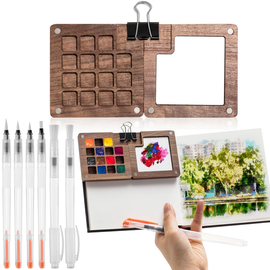 Mini Portable Watercolor Palette Set with Wooden Grid Paint Box, 15 Grids - Includes Watercolor Paper Pad, Sketch Book, Brush Pens, and Binder Clips for Artists, Students, Watercolor Paint