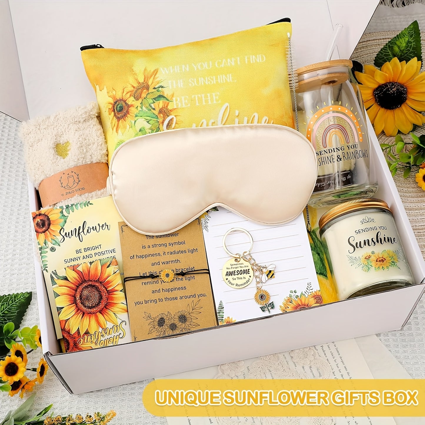 [Sunflower Gift] 13pcs Sunflower Gift Set | Mother's Day Gifts For Women, Get Well Soon Self Care Package With Glass Blanket Thinking Of You Birthday Holiday For Mom Wife Teacher Sister