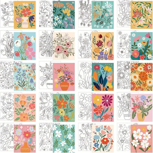 20pcs Stretched Pre Drawn Canvas Afro Queen Black Art for Painting for Adults Outline Pre Drawn Stretched Cotton Canvas to Paint Party Set, 8 X 10''(Floral)