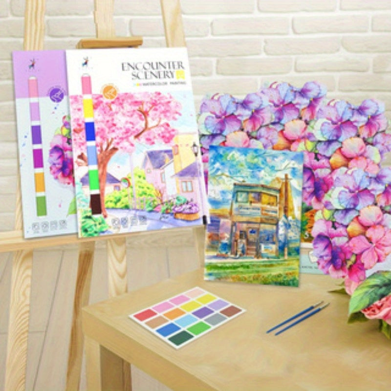 2pcs Watercolor Art Starter Kit | Premium Gouache & Brush Set | Artist-Grade Non-Bleed Paper | Color Relax for All Ages | Christmas & Birthday Creative Gift