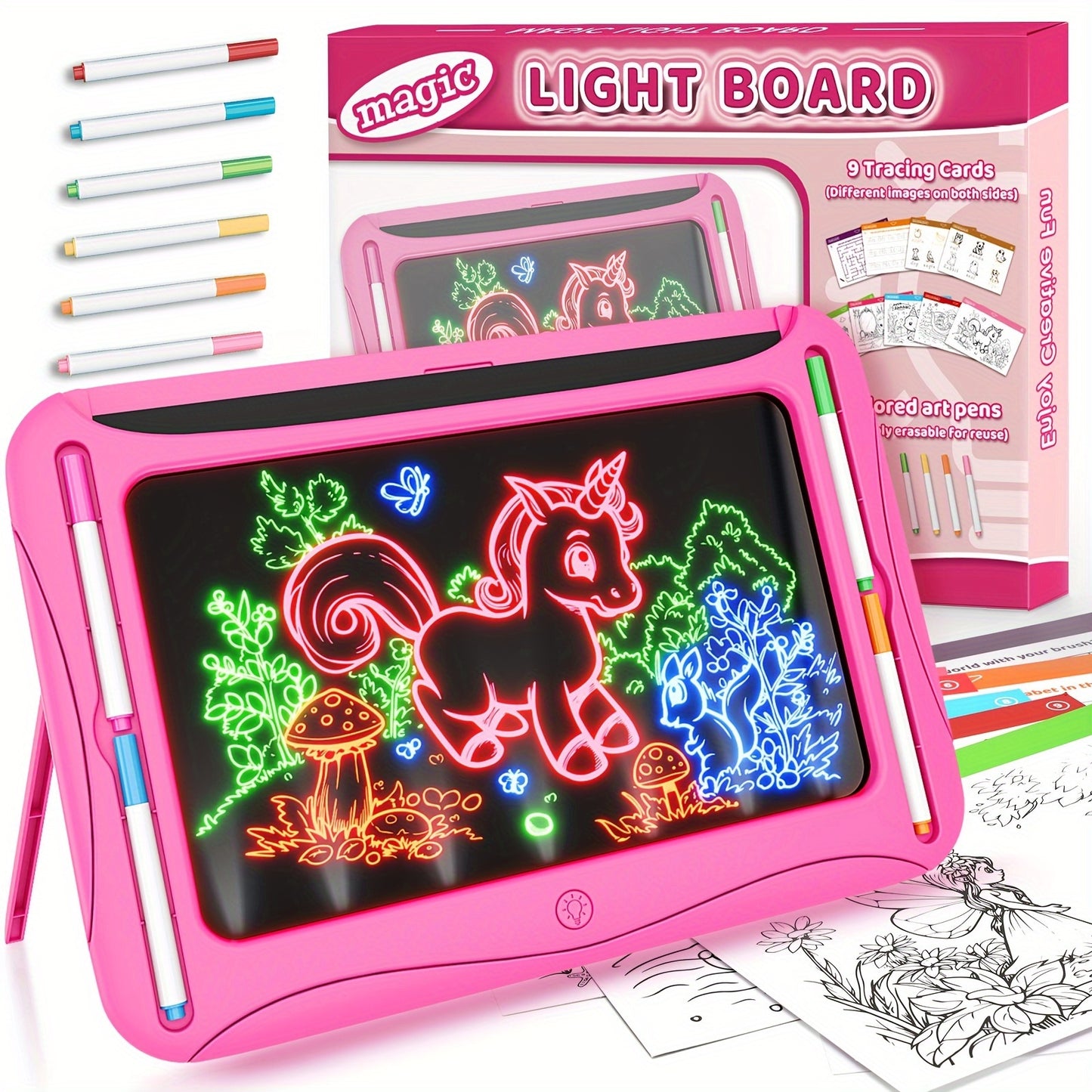 [Luminous Drawing Board] 9 Double-Sided Cards, 6 Markers LED Kids Drawing Board | Luminous Tracing Board, Graffiti Writing Board Learning Toy | Girls Toys for 6-8 Years Old, 4-6 Years Old Christmas Birthday Gift