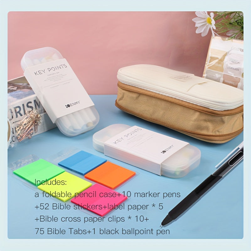 [Bible Study Kit, School & Christmas] 7pcs Bible Study Kit - Double-Layer Pen Case, Sticker Markers, Labels, and Paper Clips - Ideal for Back to School & Christmas Gifts