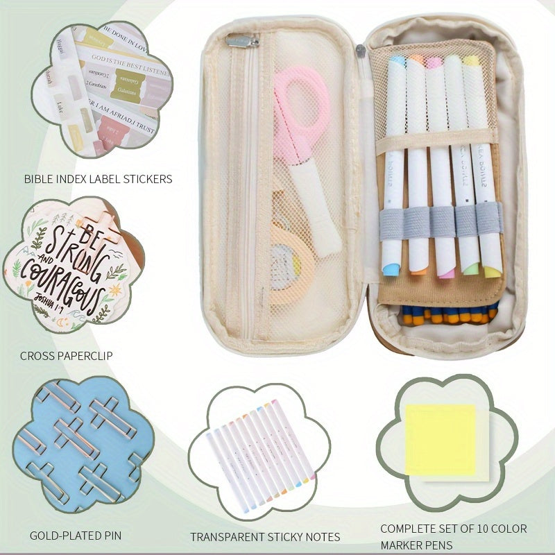 [Bible Study Kit, School & Christmas] 7pcs Bible Study Kit - Double-Layer Pen Case, Sticker Markers, Labels, and Paper Clips - Ideal for Back to School & Christmas Gifts