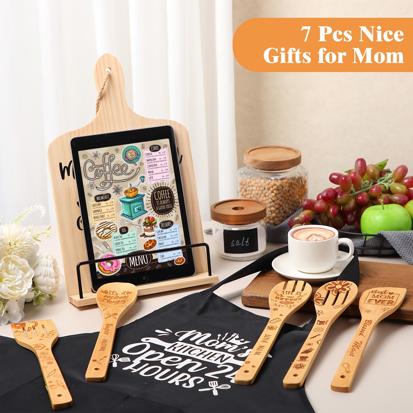 7pcs Gifts For Grandma Mom NANA, Christmas Gifts Birthday Gift Wooden Adjustment Cookbook Stand Cooking Utensils Set Kitchen Apron For Birthday Christmas Thanksgiving Winter Gift (Mom)