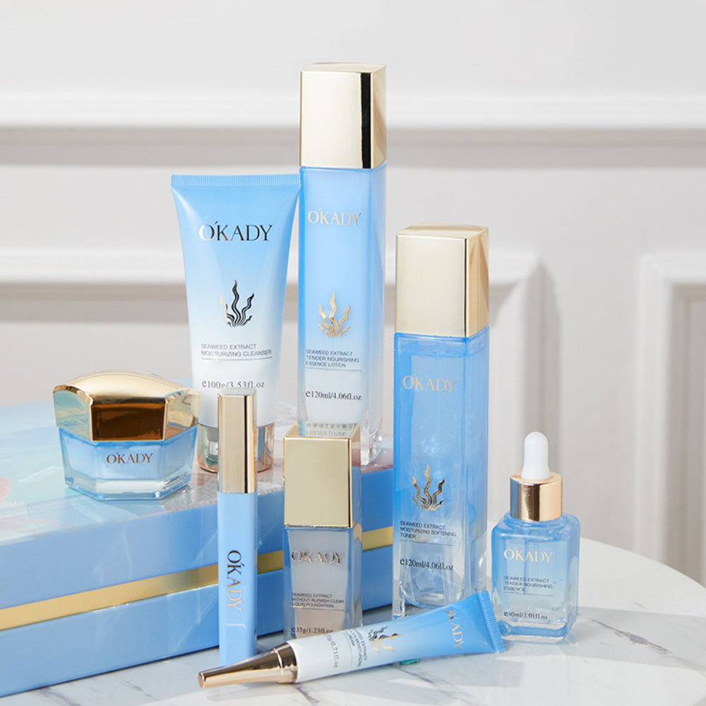 OKADY Sea Essence Hydrating 8pcs Set, Facial Care Set, Chlorella, Sea Fennel Ingredients - Elastic And Bright, Soft, Contains Cleanser, Toner, Serum, Eye Cream, Serum, Cream, Foundation, Lip Glaze, Gift for Ladies, New Year G