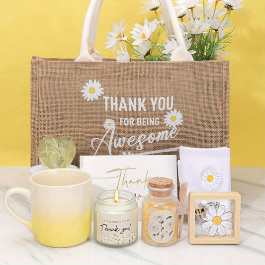 Daisy Appreciation Gift Basket for Women – Thank You Gifts for Mom, Nurse, Teacher, Coworker – Includes Burlap Tote Bag, Daisy Candle, and Keepsake Box – Perfect for Mother’s Day, Farewell, or Employee Appreciation, D