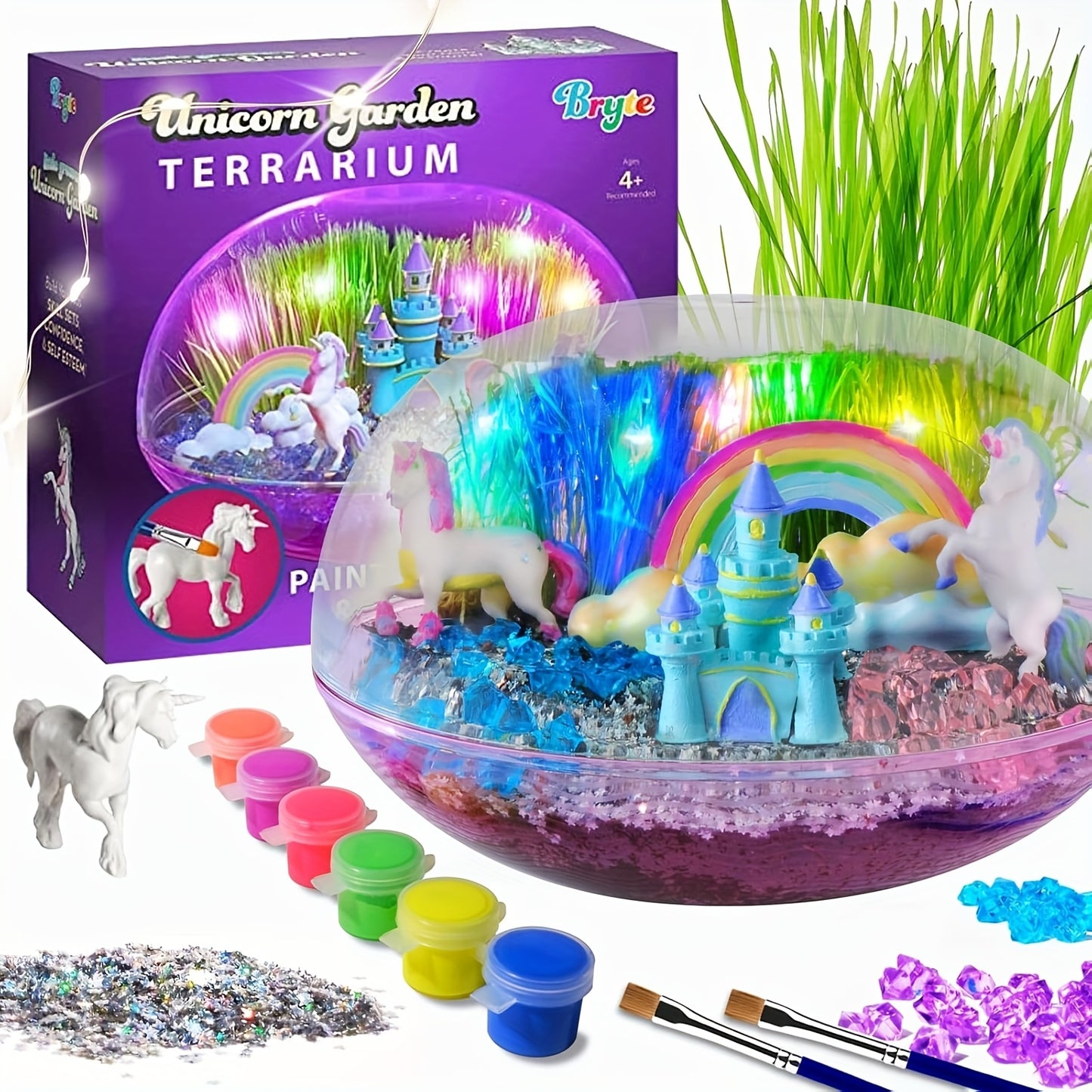 Light Up Unicorn Terrarium Kit - Grow Plant, Castle, Paint Set, Crystal Rock, Fairy Garden Lights, Arts & Crafts, STEM Activities, Birthday Gifts