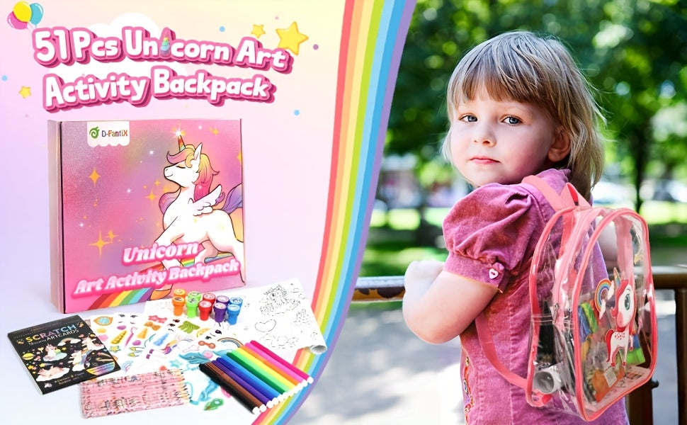 D-FantiX Art Supplies Clear Backpack for kids, 51pcs DIY Coloring Craft Kits with Scratch Art Paper and Stickers, Road Trip Activities for Youngsters, Creative Birthday Gift for Girls
