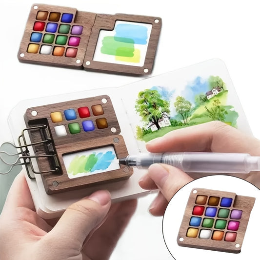 15-grid Mini Wooden Watercolor Set With Paint, Palette, Brush, Clips And Sketchbook, Portable Outdoor Art Kit For 15 Colors, For Travel, Sketching, And Painting