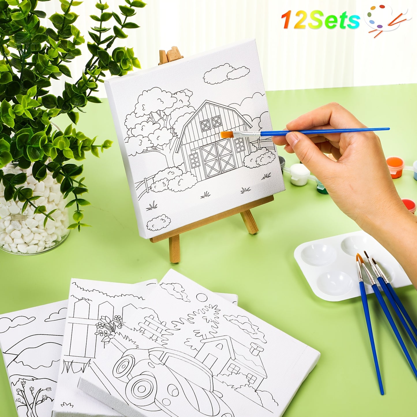 36pcs Pre Draw Canvas Printed Canvas to Paint Canvas Set with 12 Paints 12 Brushes And 12 Palette Paint Set Canvas Board Set Birthday Gift for Paint Party Favor Artists And Beginner
