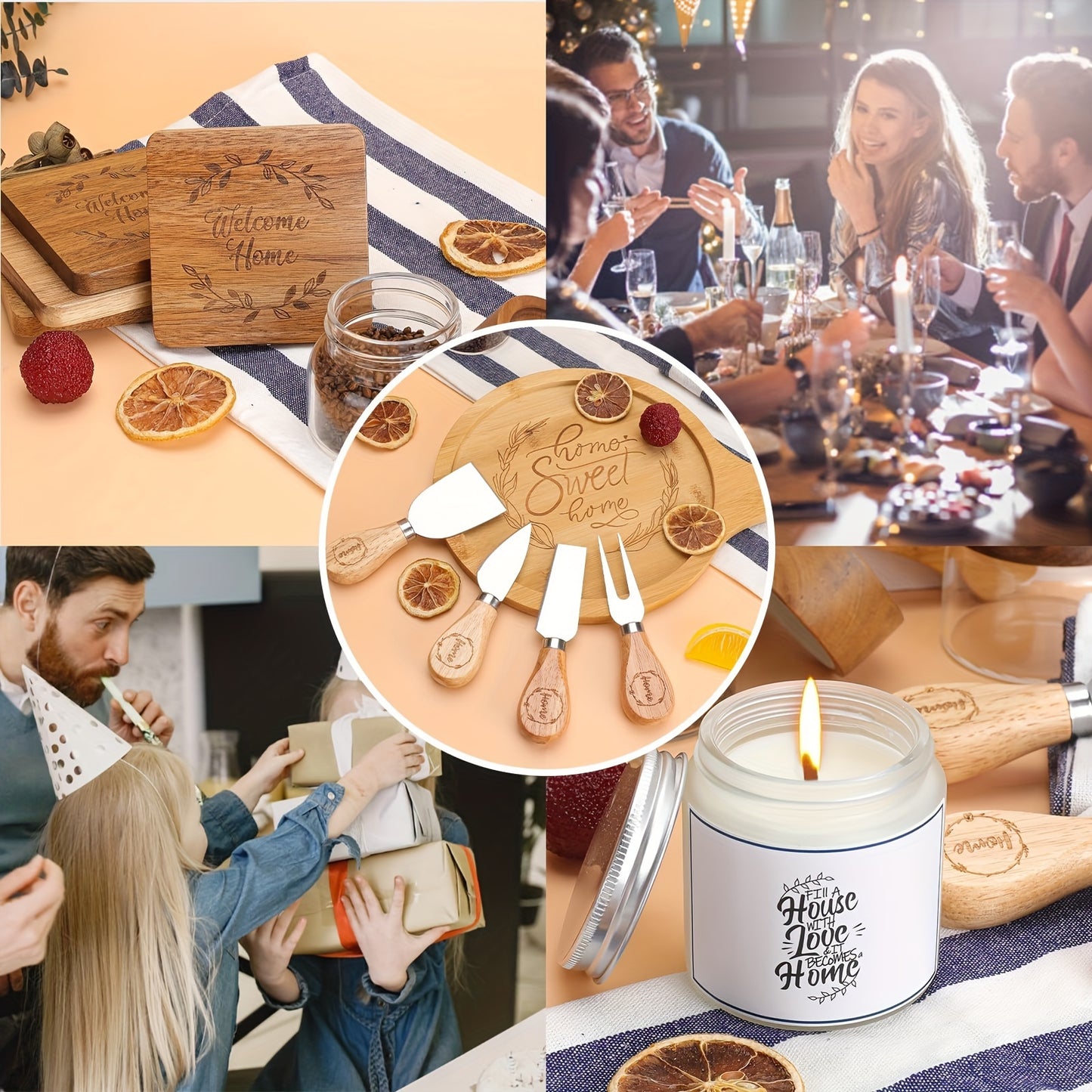 House Warming Gifts New Home, Housewarming Gifts for New House, Housewarming Gift Baskets for Couple, New Home Gifts for Home, Home Sweet Home Bamboo Serving Board Coasters for New Home Couple Women Men