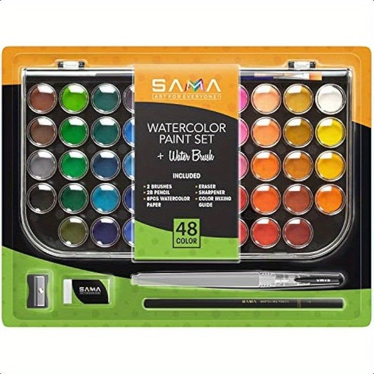 48color Watercolor Paint Set with Brushes Refillable Brush Watercolor Papers Pencil and Removable Mixing Tray Easy Blending and Washable