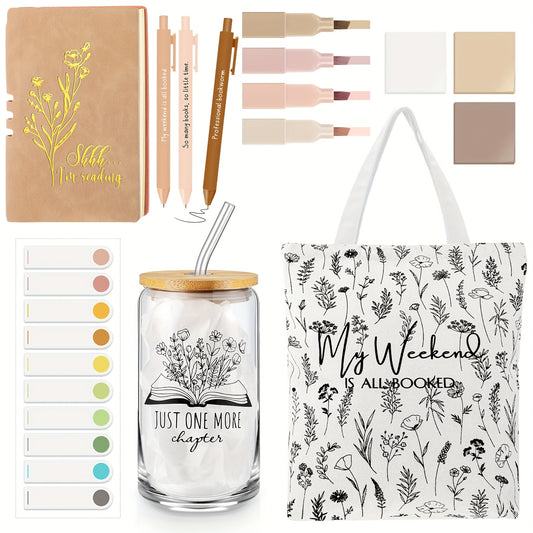 Book Lovers Gifts 16 Oz Glass Cup Canvas Bag A6 Journal Notebook Ballpoint Pens Sticky Notes Highlighters School Library Lovers Month Gifts For Librarians (Khaki, White Flowers)