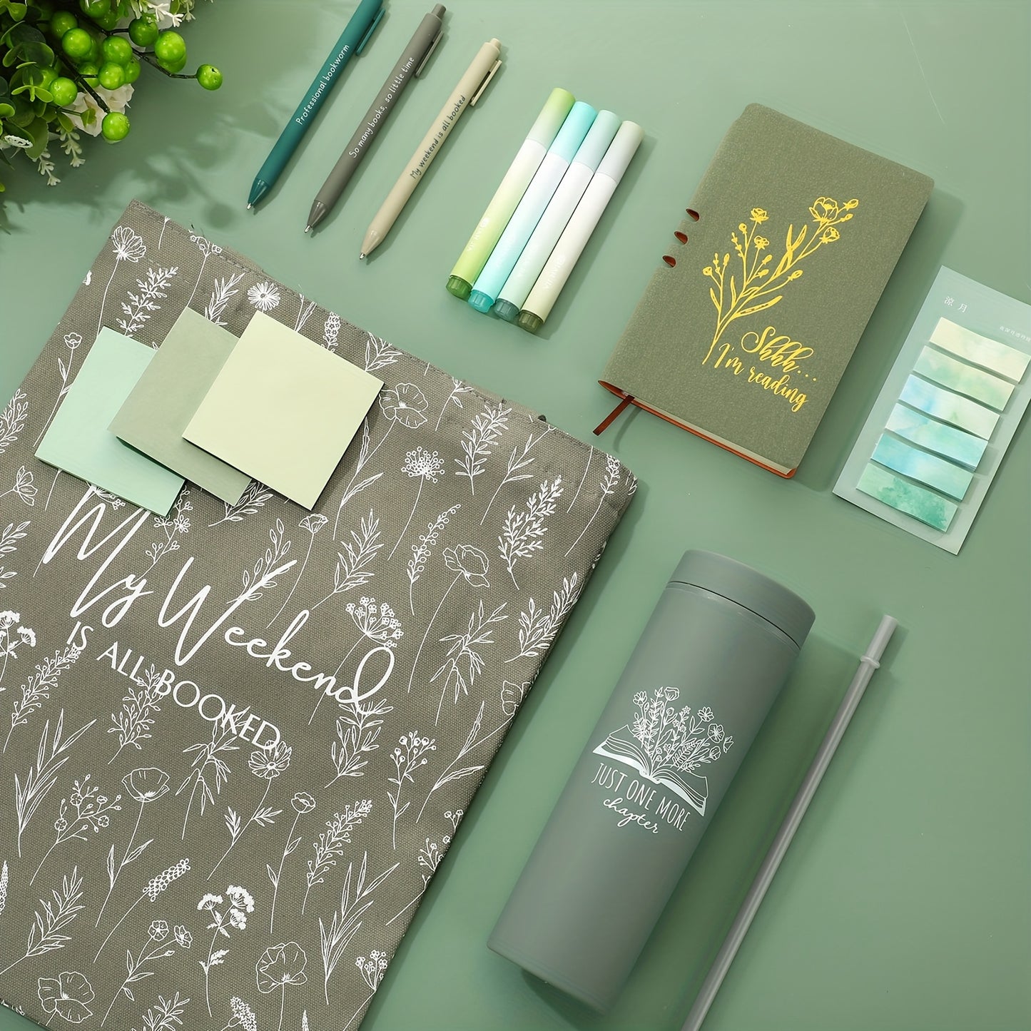 14pcs Book Lovers Gift Set 16oz Green Plastic Tumbler Canva Bag A6 Journal Notebook Ballpoint Pens Sticky Notes Highlighters for Librarian Bookworm Readers Nurse Study