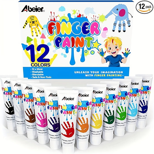 12-Color Finger Paint Set (with/without Tools), 12 Washable & Blendable Bright Colors, Safe & Non - Toxic, Each Tube 2.03oz, Great for Art Projects, Tools Come with 2 Rollers, 5 Sponges, 4 Shovels, 5 Paint Brushes, 1 Palette
