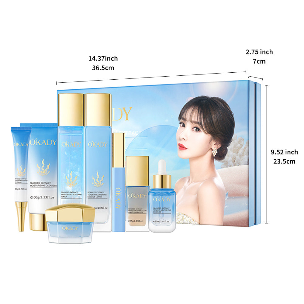 OKADY Sea Essence Hydrating 8pcs Set, Facial Care Set, Chlorella, Sea Fennel Ingredients - Elastic And Bright, Soft, Contains Cleanser, Toner, Serum, Eye Cream, Serum, Cream, Foundation, Lip Glaze, Gift for Ladies, New Year G