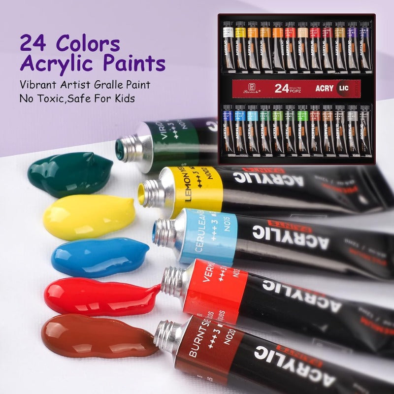 PUOPOSTY Acrylic Paint Set for Complete Painting Kit for Ages 4-12 Premium Art Supplies w Wooden Easel 24 Paints 4 Canvases 10 Brushes and More Ideal Birthday Easter Gift for Boys and Girls